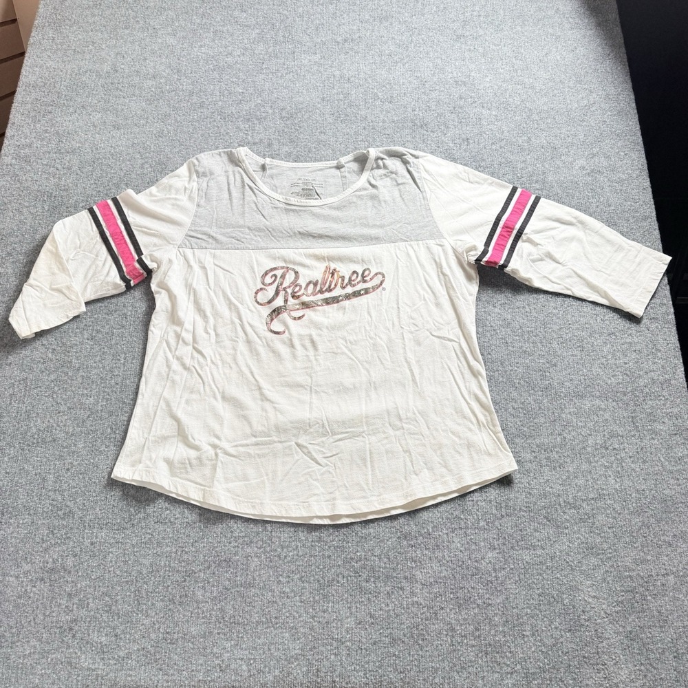 Realtree Womens Shirt 2X White Pink Camo Script Logo 3/4 Sleeve Colorblock Tee